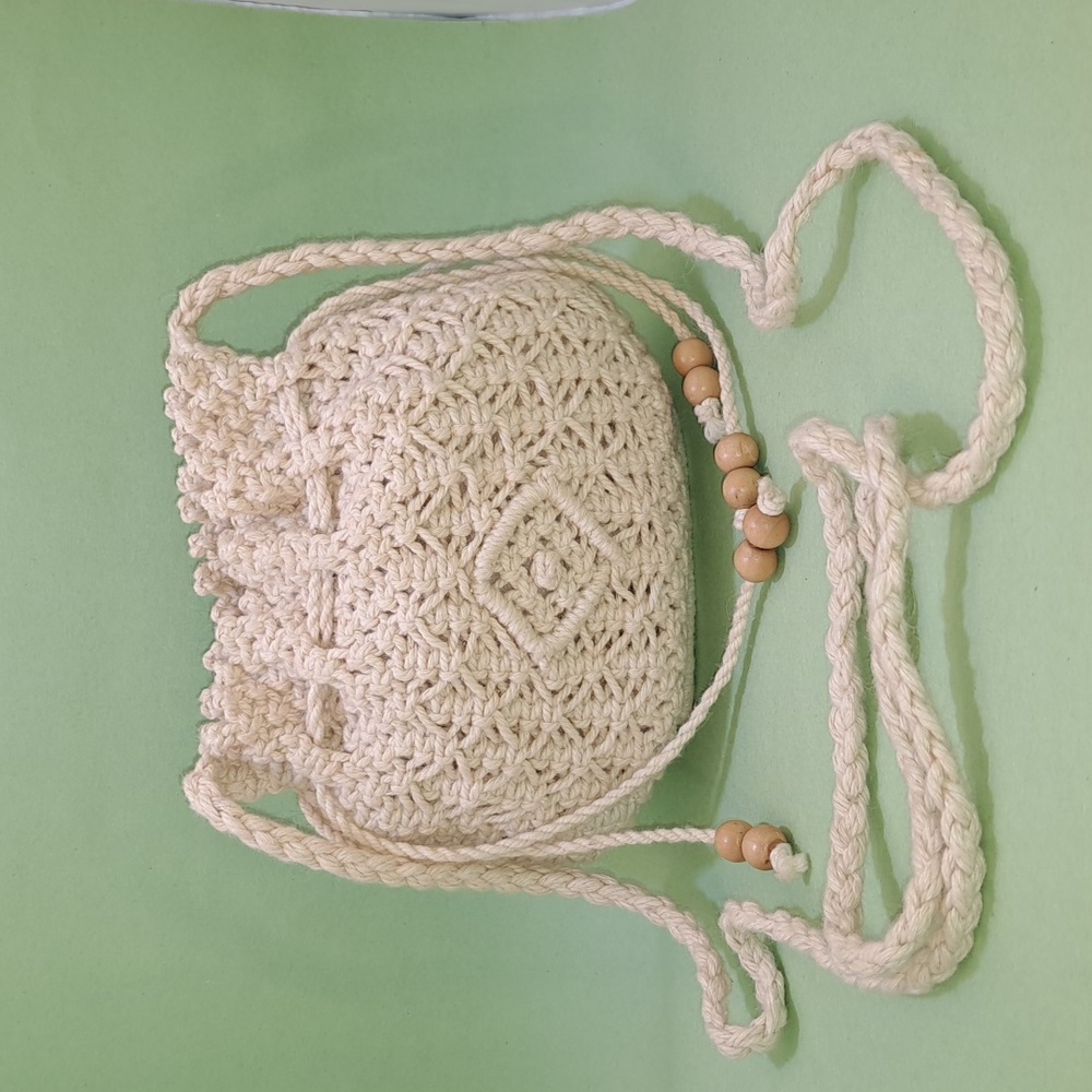 Vintage Bohemian Wood Bead Cotton Crotchet Mini Bag